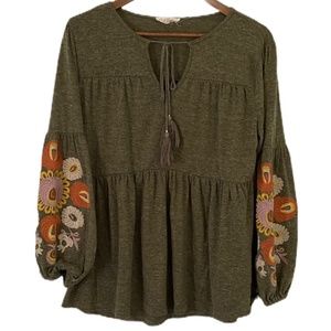 Anthropologie Entro Embroidery Floral Green Top